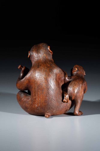 Asian Works of Art  - A Boxwood Okimono Depicting Two Monkeys, Signed Jigaku