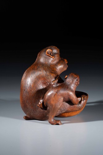 A Boxwood Okimono Depicting Two Monkeys, Signed Jigaku - 