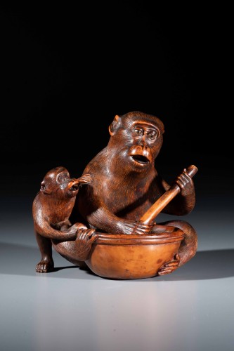 A Boxwood Okimono Depicting Two Monkeys, Signed Jigaku - 