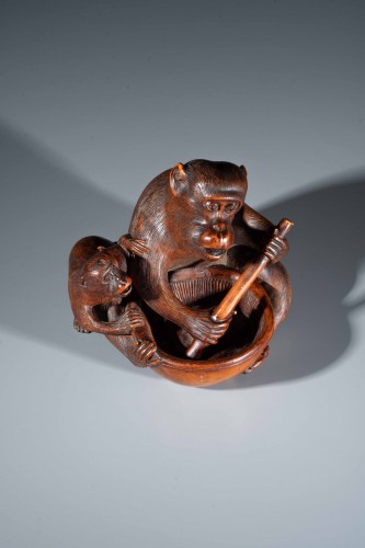  - A Boxwood Okimono Depicting Two Monkeys, Signed Jigaku