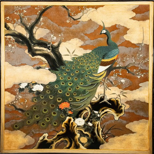 Lacquered Wooden Screen Decorated With A Peacock And A Refined Landscape - Asian Works of Art Style 