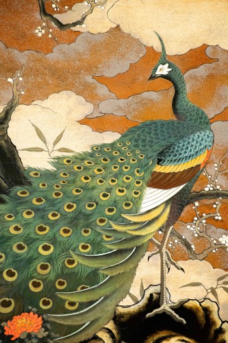 Asian Works of Art  - Lacquered Wooden Screen Decorated With A Peacock And A Refined Landscape