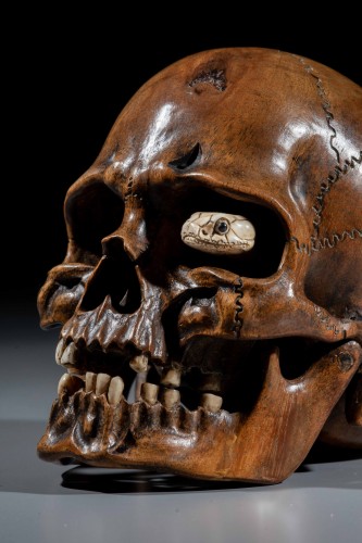 Curiosities  - A Wooden Vanitas With A Snake Emerging From The Eye Socket, Meiji late 19th century