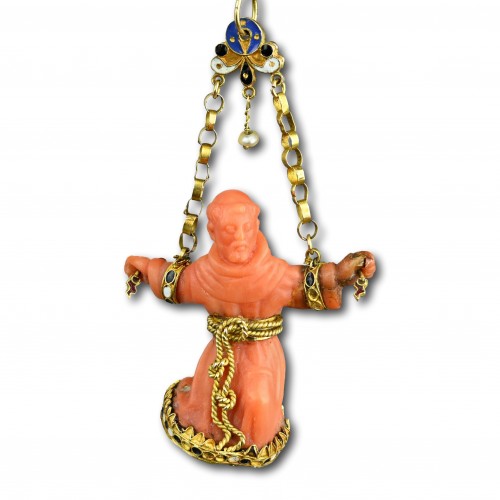 Religious Antiques  - Gold and coral pendant of Saint Francis, 17th century