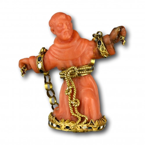 Antiquités - Gold and coral pendant of Saint Francis, 17th century