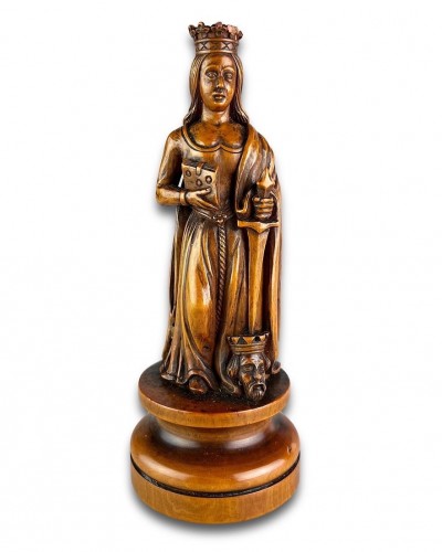 Boxwood sculpture of Saint Catherine of Alexandria - Religious Antiques Style 