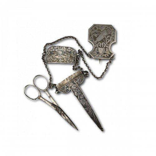 Engraved silver scissor case and chatelaine