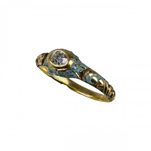 Blue enamelled gold and diamond ring