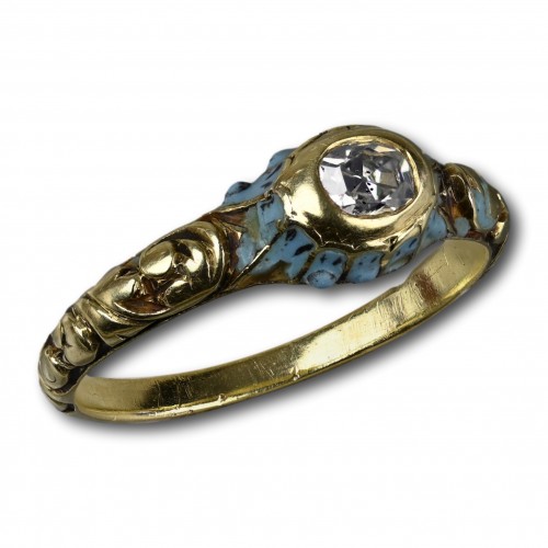 Antiquités - Blue enamelled gold and diamond ring