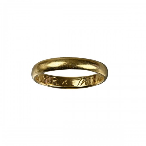 Gold posy ring engraved ’Think well of mee *AMR*’