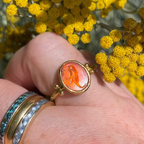 Antiquités - A gold ring set with a Roman intaglio of a Parrot