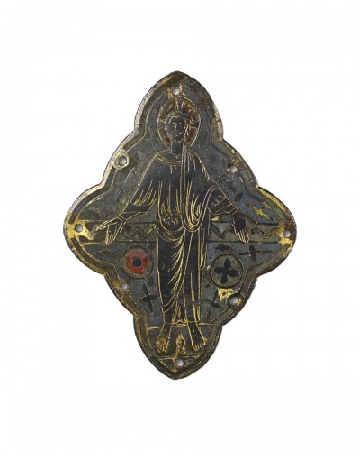 A champlevé enamelled copper plaque depicting Christ in Majesty