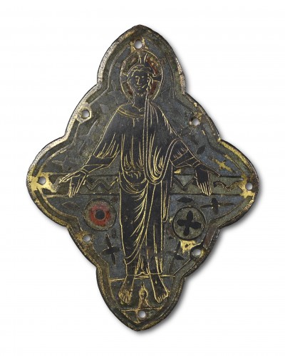 Antiquités - A champlevé enamelled copper plaque depicting Christ in Majesty