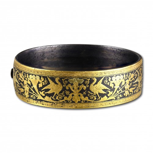 Bracelet damasquiné décoré d'or bicolore Eibar Espagne XIXe siècle - Bijouterie, Joaillerie Style 