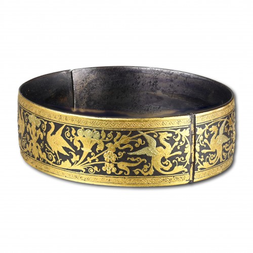 Antiquités - Bracelet damasquiné décoré d'or bicolore Eibar Espagne XIXe siècle