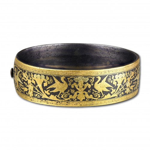 Antiquités - Bracelet damasquiné décoré d'or bicolore Eibar Espagne XIXe siècle