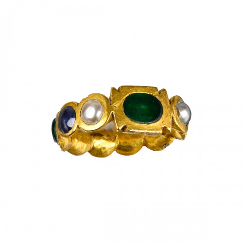 Gold, pearl, garnet, emerald and sapphire ring