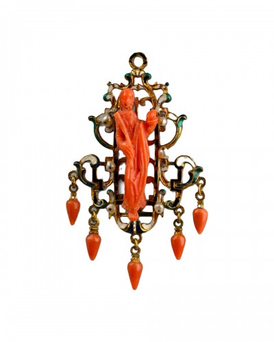 Gold, enamel and coral pendant. Trapani, Sicily, early 17th century.