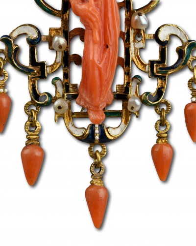 Antique Jewellery  - Gold, enamel and coral pendant. Trapani, Sicily, early 17th century.