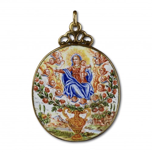 Gold and enamel pendant with the Virgin and Saints - 