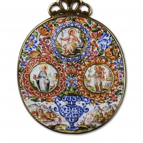 Antiquités - Pendentif en or et émail avec la Vierge et les Saints