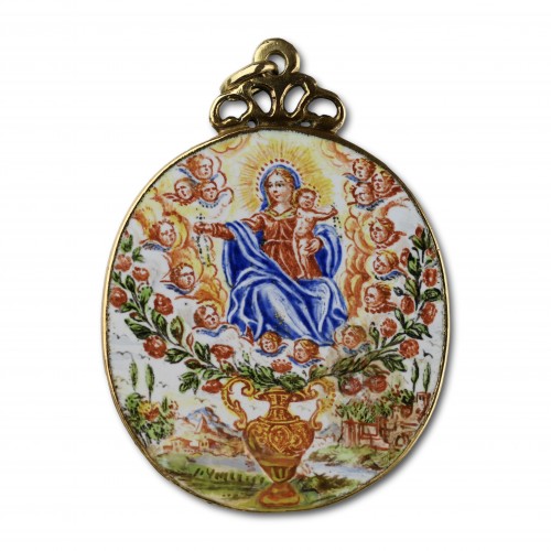 Antiquités - Gold and enamel pendant with the Virgin and Saints