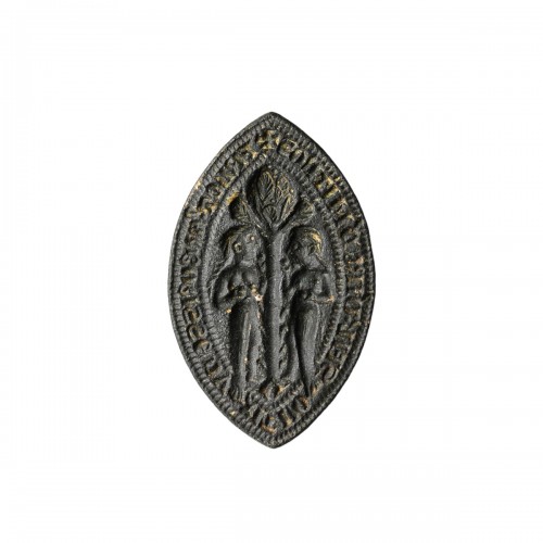 Medieval bronze seal of two women eating fruit