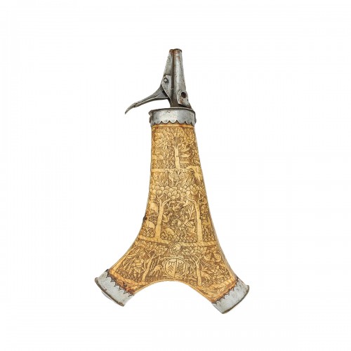 Engraved stag antler powder flask with iron mounts, Germany 16th century