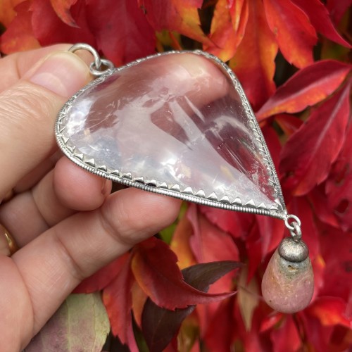 Large silver mounted heart shaped rock crystal amulet - 