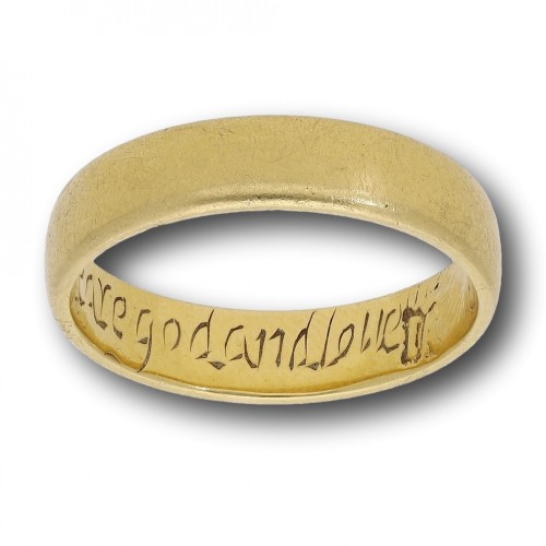 Bijouterie, Joaillerie  - Bague "posy ring" en or avec inscription « All I desire of you is to fear God and love »