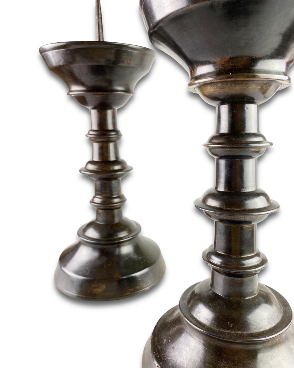 Large pair of patinated brass pricket candlesticks. Germany early