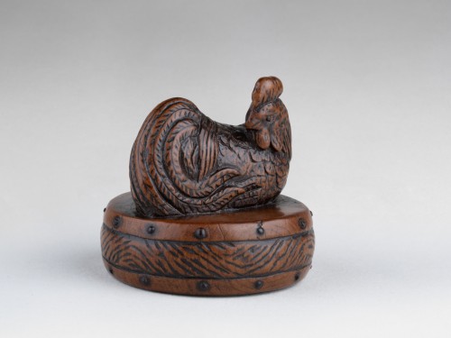 Antiquités - Netsuke par Tametaka,  coq sur un tambour - Japon Edo