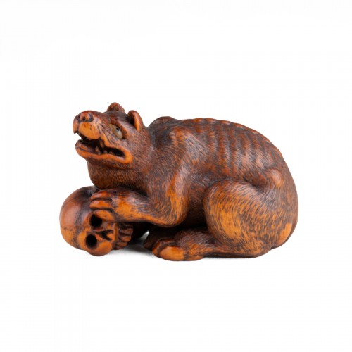 Netsuke By Kokei, Exceptional Model Of A Wolf With A Paw Holding A Skull. J