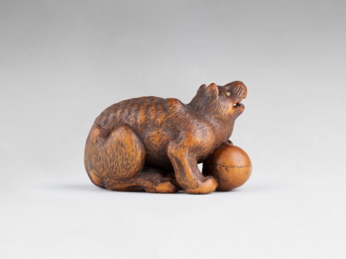 XIXe siècle - Netsuke par kokei, modèle de loup la patte retenant un crâne, japon 19e