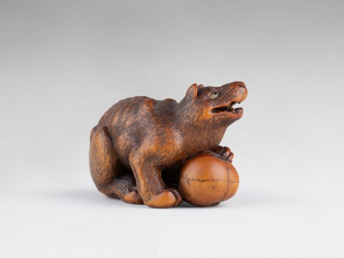 Netsuke par kokei, modèle de loup la patte retenant un crâne, japon 19e - 