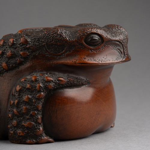 19th century - A Good And Strong Wood Model Of A Toad Squatting -Okimono, Japan Edo