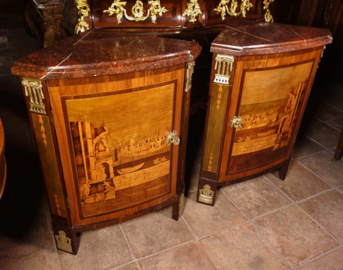 Pair of corner cabinets with architectural scenes, stamped Caumont - Furniture Style Louis XVI