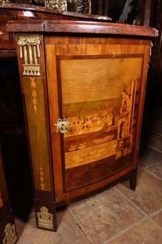 Louis XVI - Pair of corner cabinets with architectural scenes, stamped Caumont