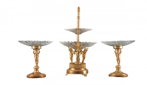 Three-piece Table Centerpiece In Cut Glass And Gilt Bronze Early Empire