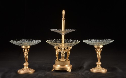 Antiquités - Three-piece Table Centerpiece In Cut Glass And Gilt Bronze Early Empire