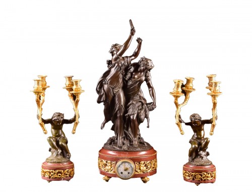 Large Three-piece Clock In Gilded Bronze, Bronze And Marble After Clodion