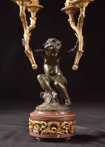 Antiquités - Large Three-piece Clock In Gilded Bronze, Bronze And Marble After Clodion