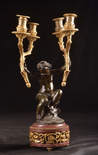 Antiquités - Large Three-piece Clock In Gilded Bronze, Bronze And Marble After Clodion