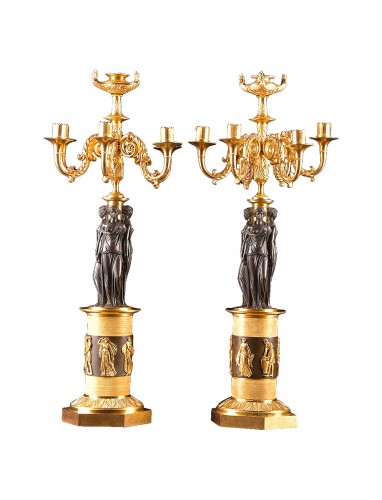 Large A Pair Of Seven-light Bronze Empire Candelabra, Three Gratien