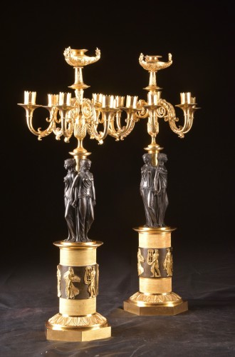 Lighting  - Large A Pair Of Seven-light Bronze Empire Candelabra, Three Gratien