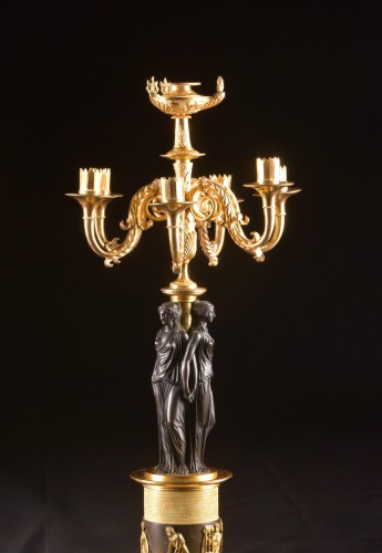 Empire - Large A Pair Of Seven-light Bronze Empire Candelabra, Three Gratien