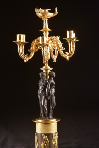 Antiquités - Large A Pair Of Seven-light Bronze Empire Candelabra, Three Gratien