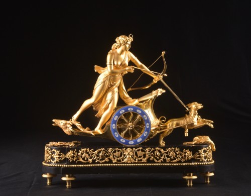 Large France Empire Chariot clock, With Diana, deer and dogs