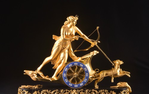 A large France Empire Chariot clock, With Diana, deer and dogs - Horology Style Empire