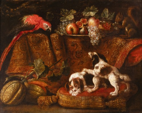 Still life with macaw, squirrel and spaniels - attributed to Reynaud Levieu - Paintings & Drawings Style Louis XIV